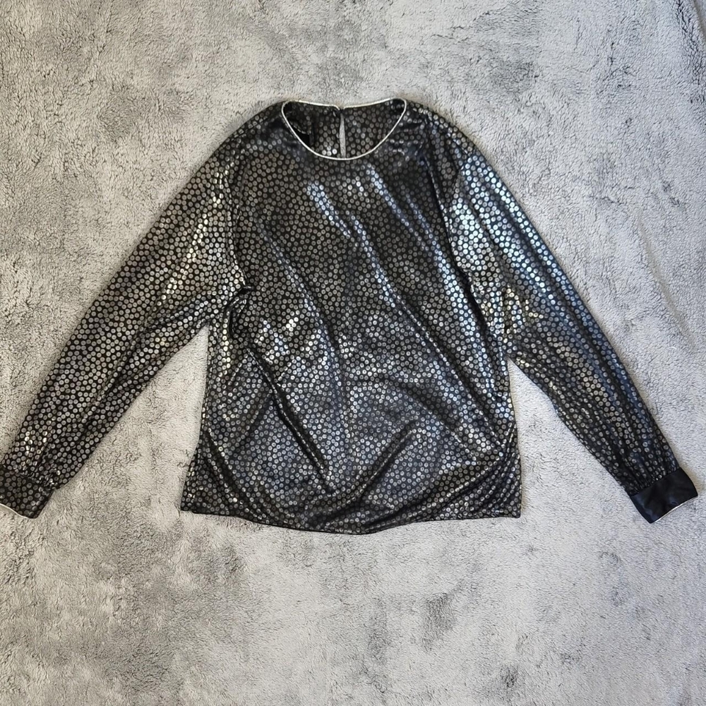 Vintage 80s Silver Black Funky Retro Mod Long Sleeve Blouse Top